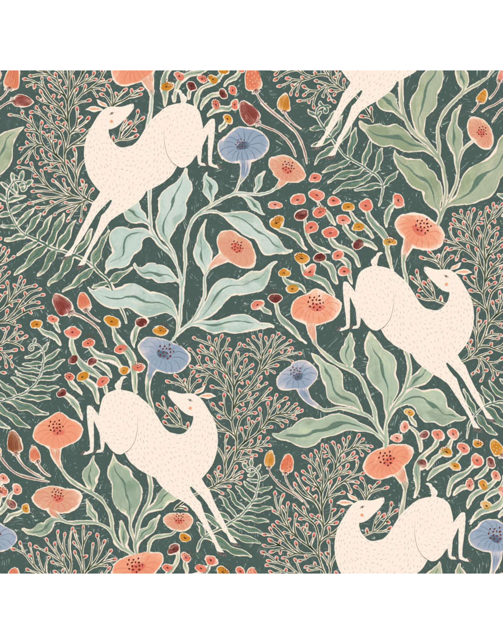 Figo Natural Essence, Golden Hour Deers in Green, Fabric Half-Yards