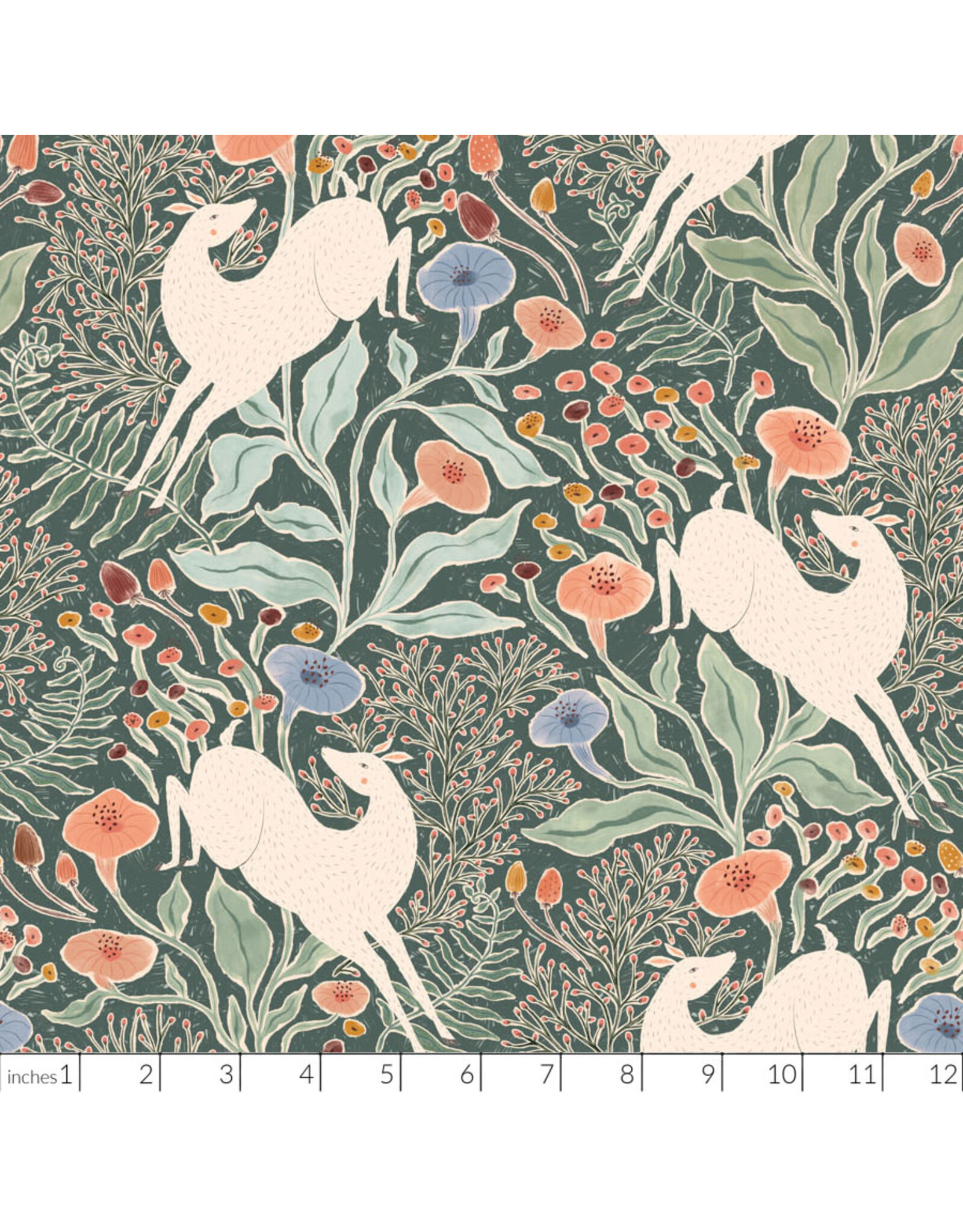 Figo Natural Essence, Golden Hour Deers in Green, Fabric Half-Yards