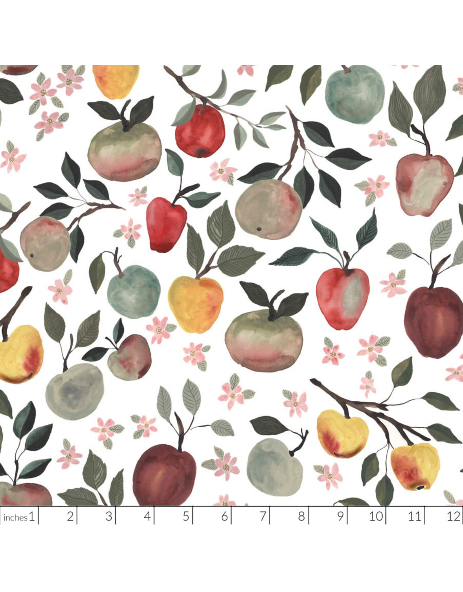 Boccaccini Meadows Field Trip, Apples in White Multi, Fabric Half-Yards