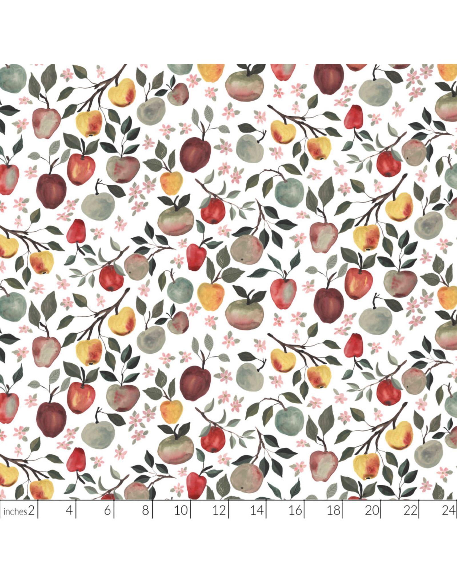 Boccaccini Meadows Field Trip, Apples in White Multi, Fabric Half-Yards