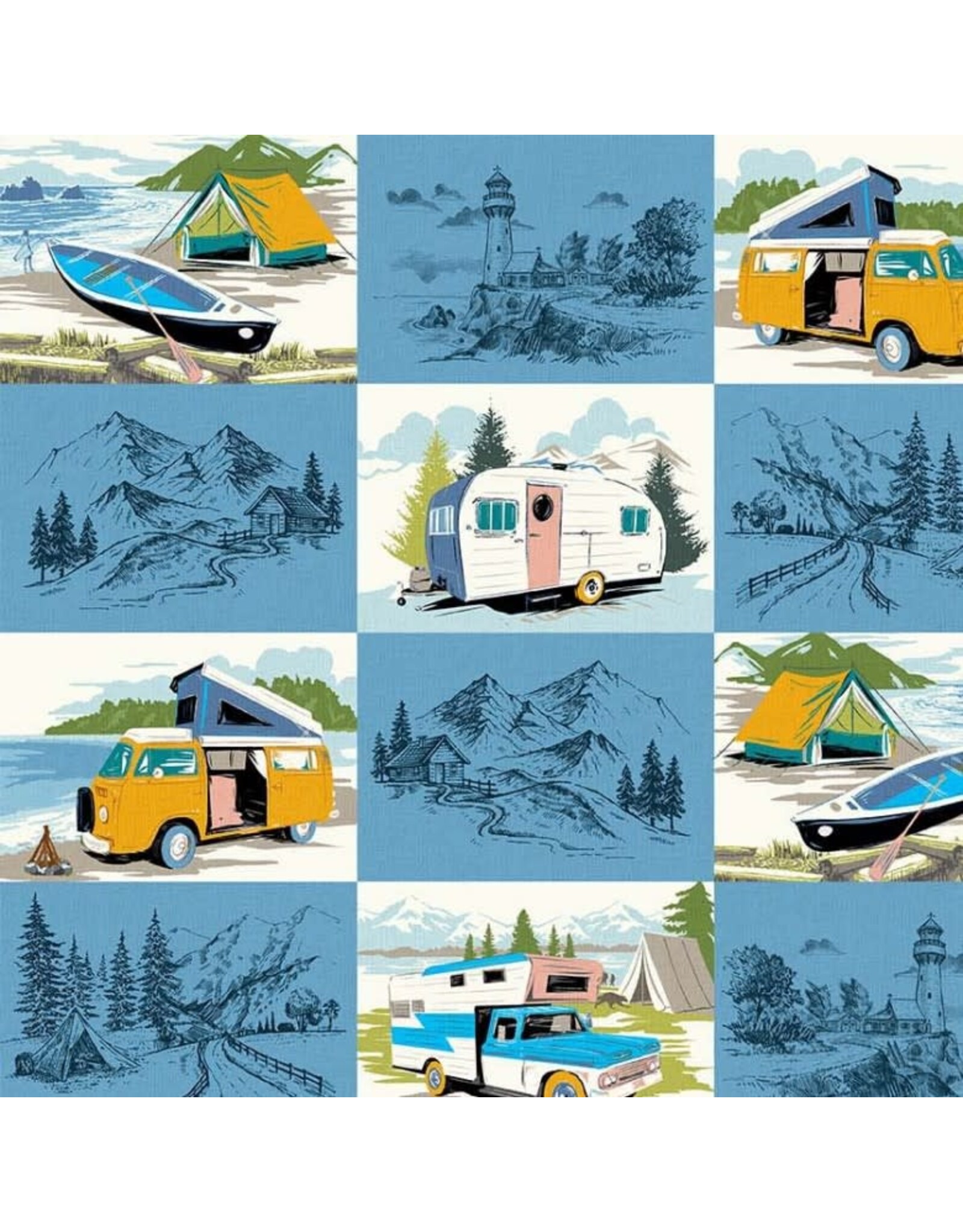 Michael Miller Retro Road Trip, Enjoy the Journey in Blue, Fabric Half-Yards