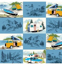 Michael Miller Retro Road Trip, Enjoy the Journey in Blue, Fabric Half-Yards