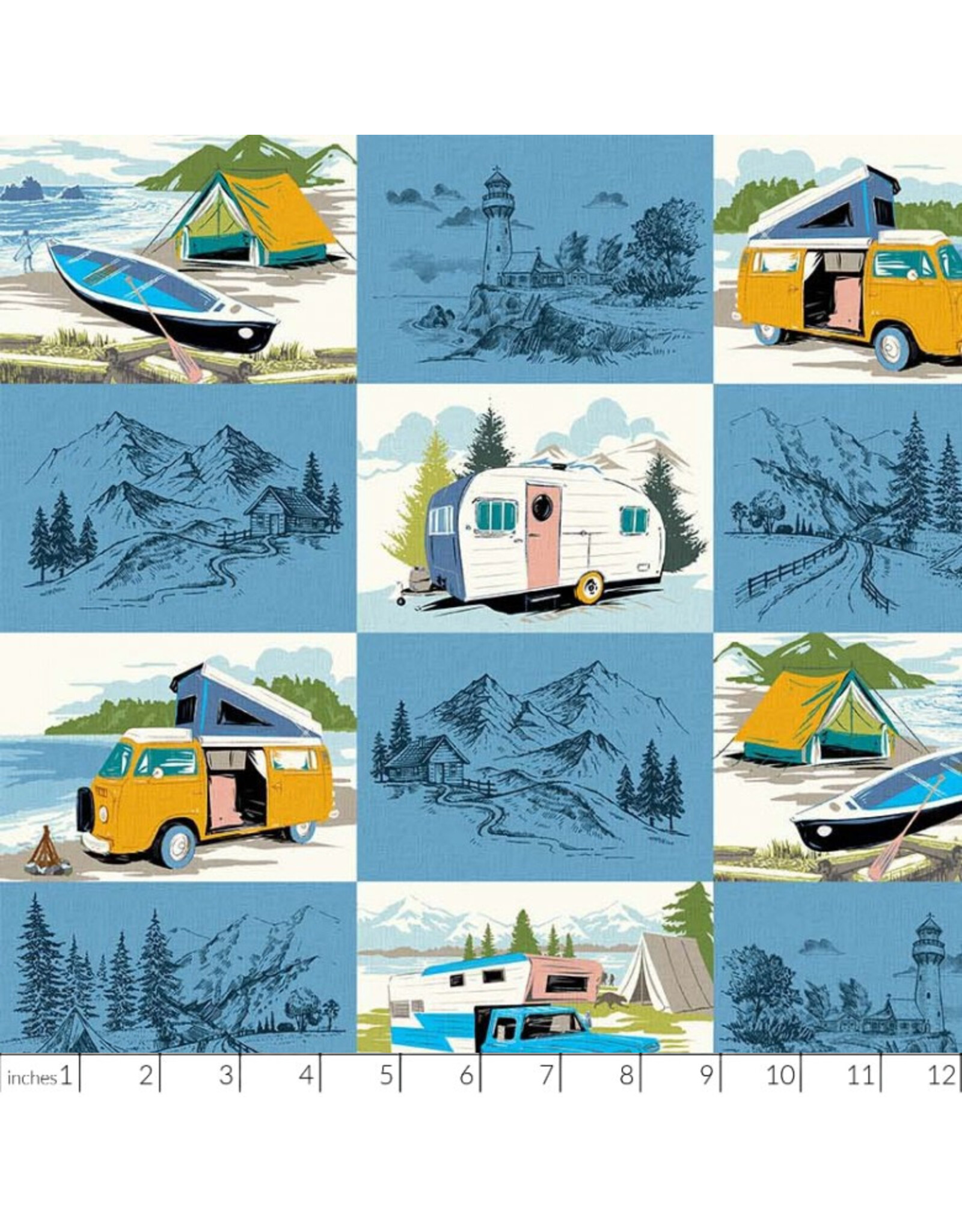 Michael Miller Retro Road Trip, Enjoy the Journey in Blue, Fabric Half-Yards