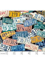Michael Miller Retro Road Trip, License Plates in Multi, Fabric Half-Yards