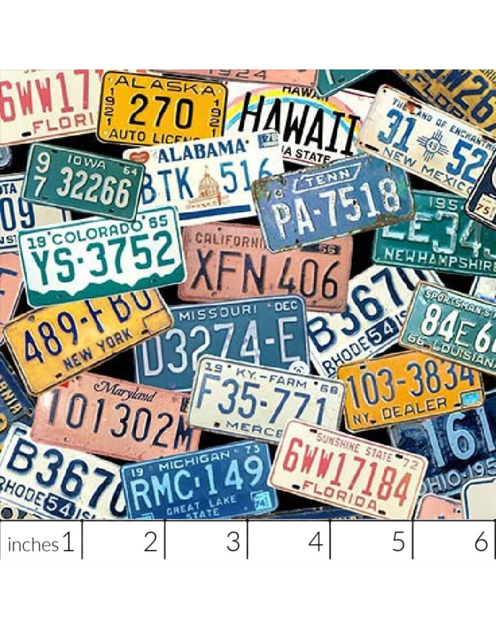 Michael Miller Retro Road Trip, License Plates in Multi, Fabric Half-Yards