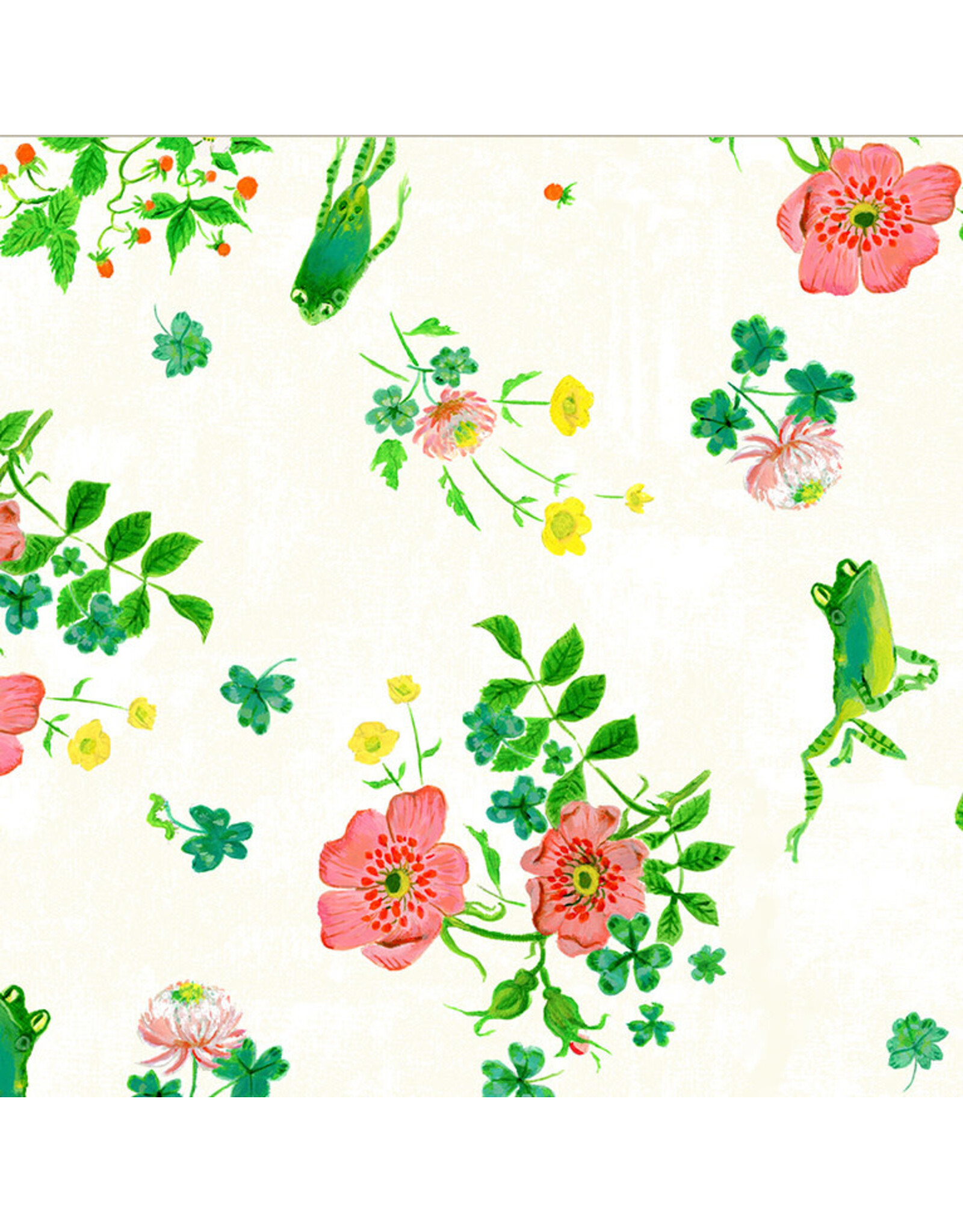 Heather Ross Heather Ross By Hand, Frog Spring in White, Fabric Half-Yards