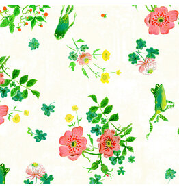 Heather Ross Heather Ross By Hand, Frog Spring in White, Fabric Half-Yards