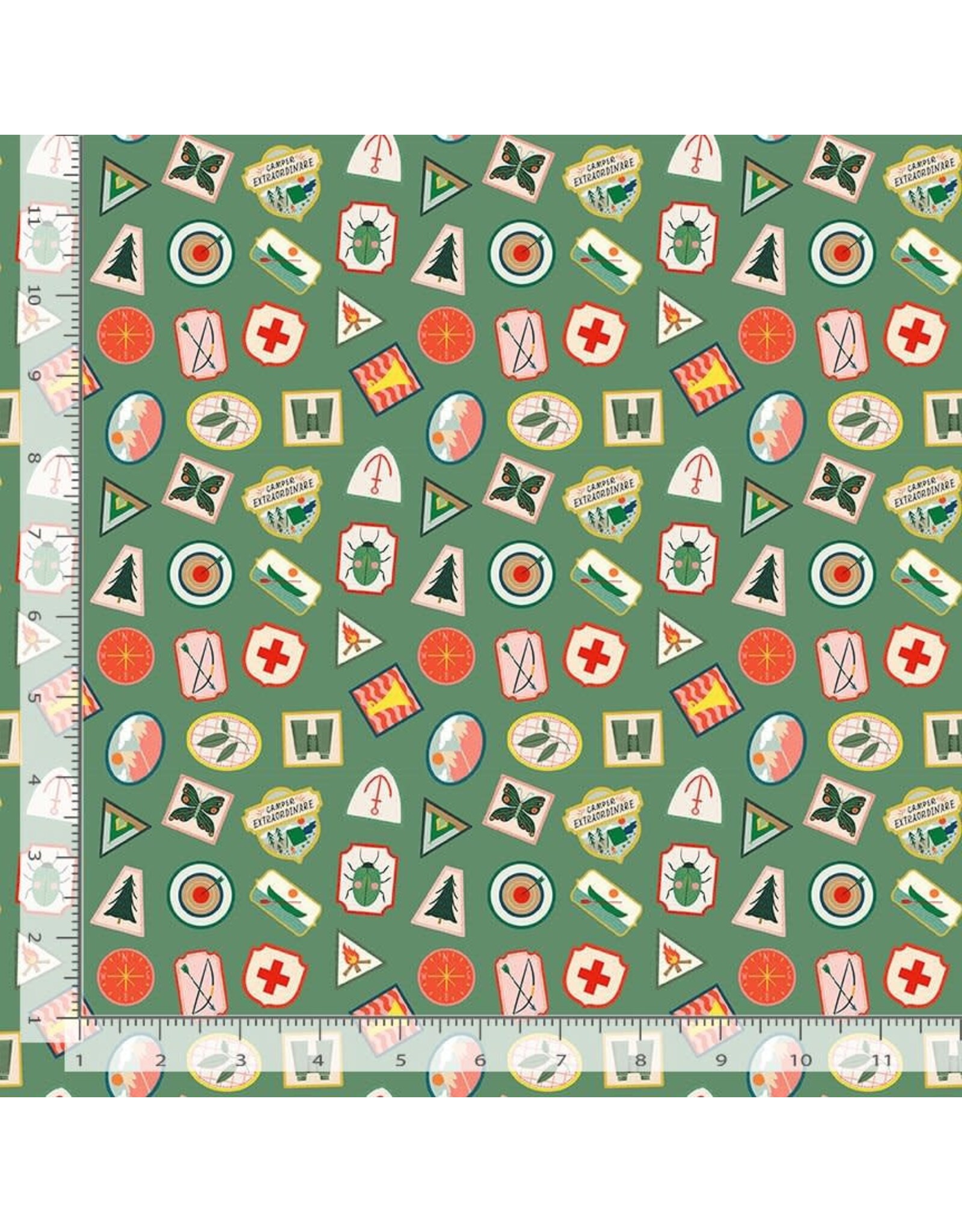 Dear Stella ON SALE - 5 YARD CUT,  Gone Camping, Camp Badges in Meadow