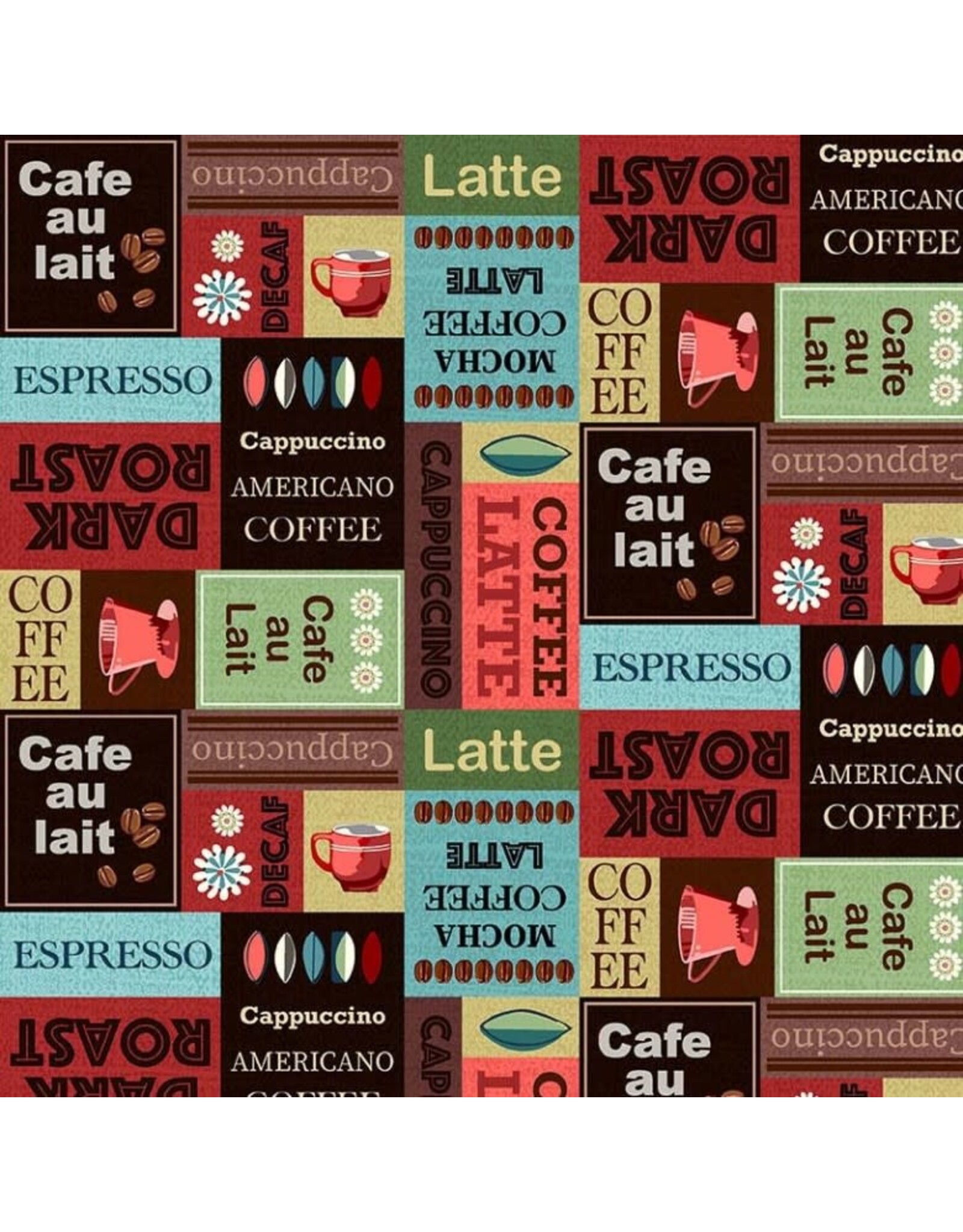 Michael Miller ON SALE - 5 YARD CUT, Coffee Culture, Coffee Patchwork in Multi