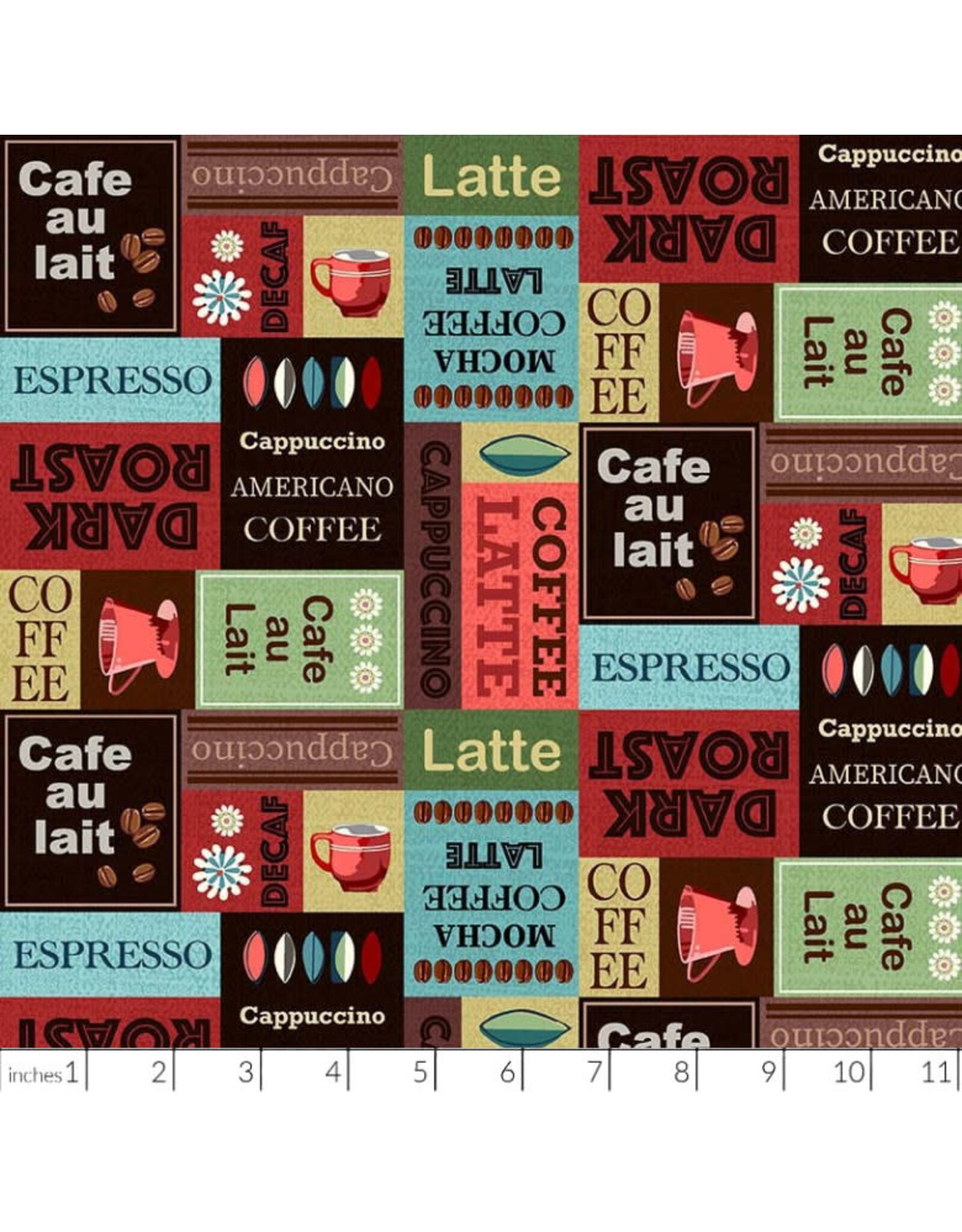 Michael Miller ON SALE - 5 YARD CUT, Coffee Culture, Coffee Patchwork in Multi