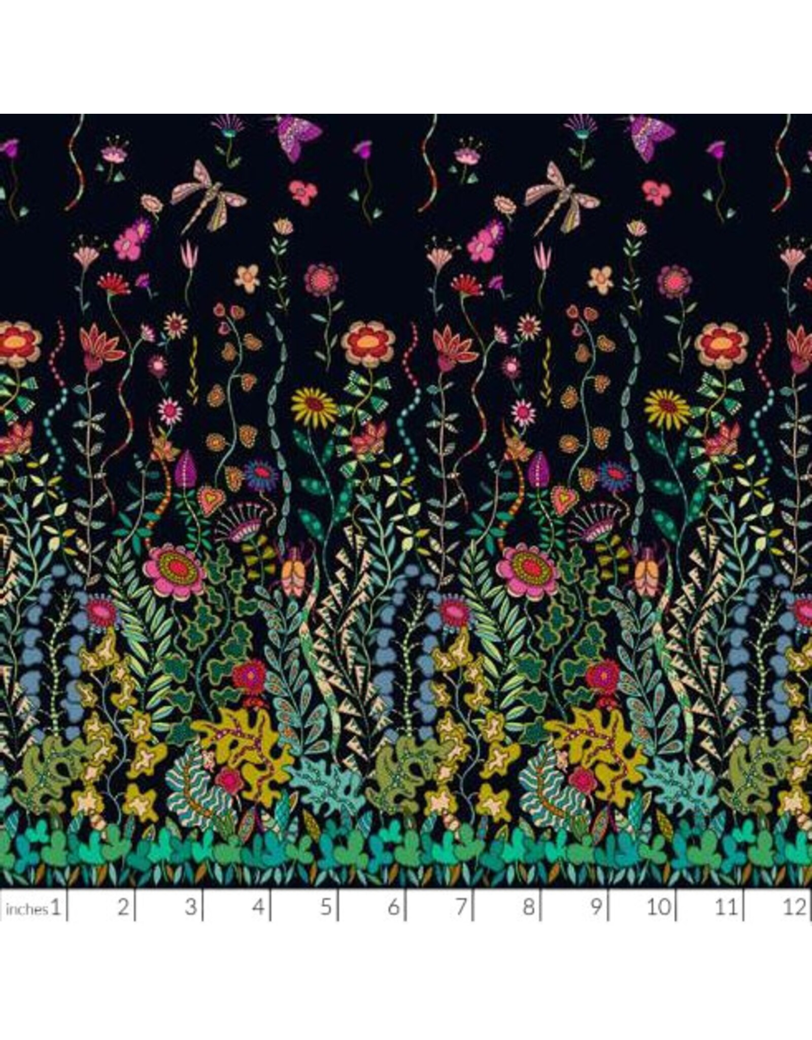 Sally Kelly Twilight, Moonlight in Black Double Border Print, Fabric Half-Yards