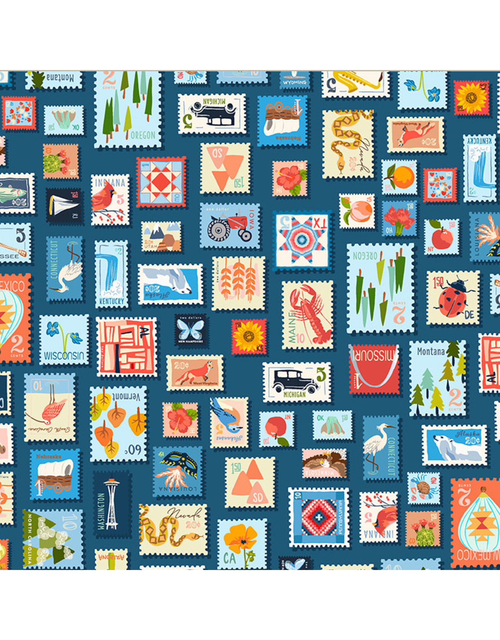 Windham Fabrics Cross Country, Stamp Collection in Blue, Fabric Half-Yards