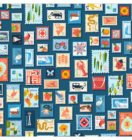 Windham Fabrics Cross Country, Stamp Collection in Blue, Fabric Half-Yards