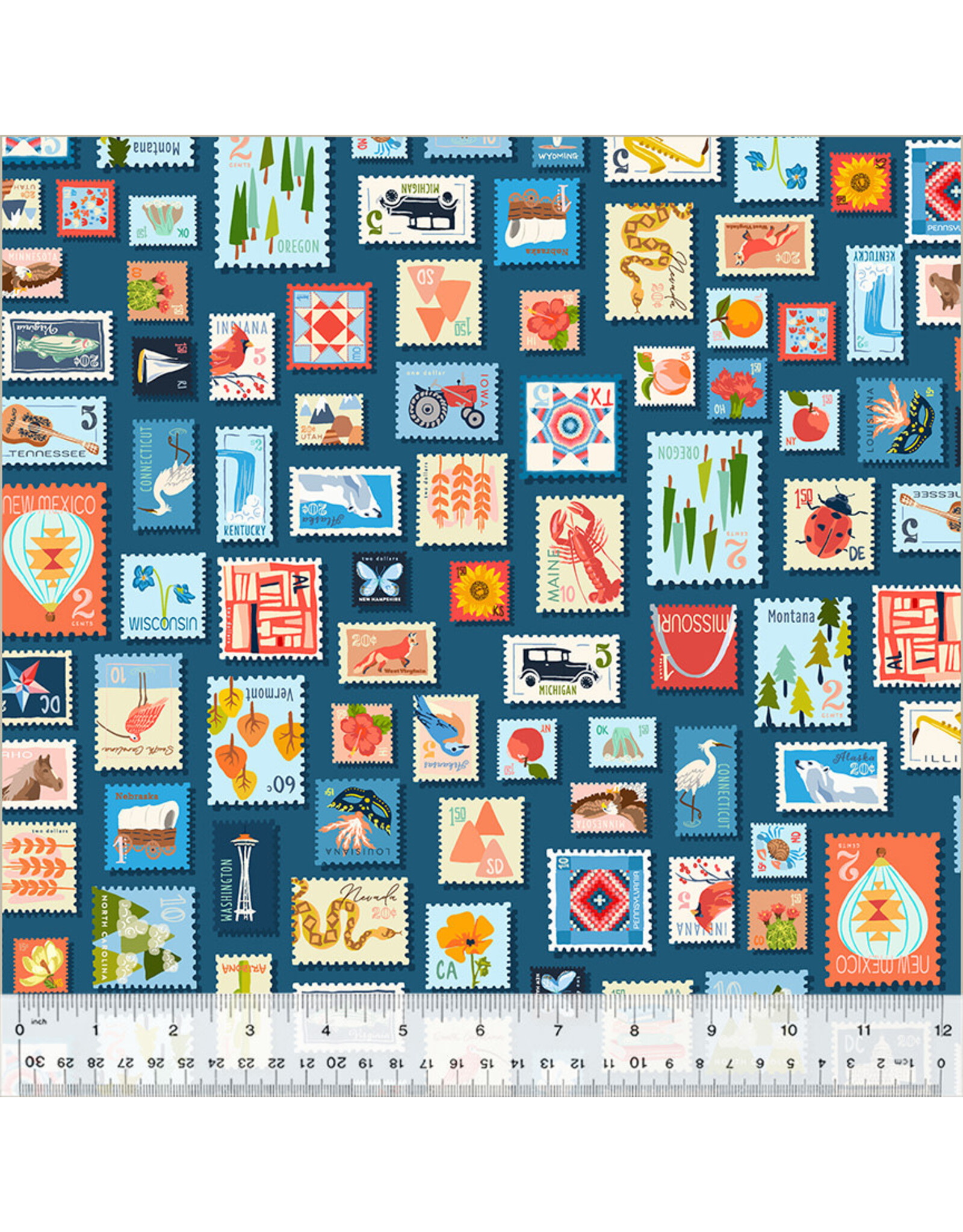 Windham Fabrics Cross Country, Stamp Collection in Blue, Fabric Half-Yards