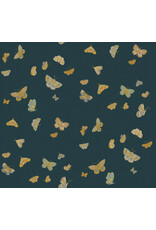 Rifle Paper Co. Linen/Cotton Canvas, English Rose, Butterfly House in Blue with Metallic, Fabric Half-Yards
