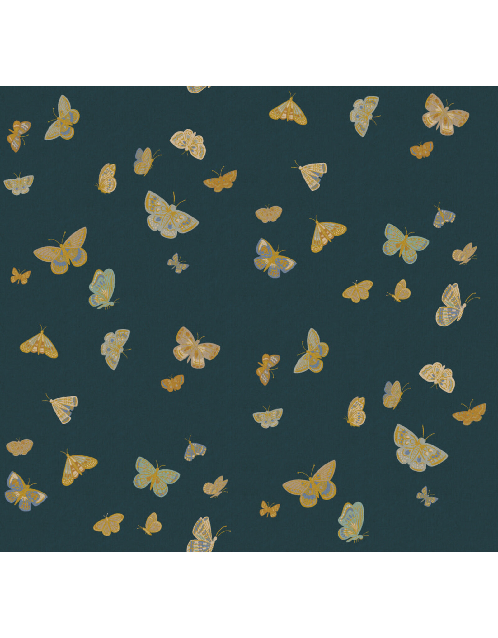 Rifle Paper Co. Linen/Cotton Canvas, English Rose, Butterfly House in Blue with Metallic, Fabric Half-Yards
