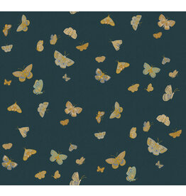 Rifle Paper Co. Linen/Cotton Canvas, English Rose, Butterfly House in Blue with Metallic, Fabric Half-Yards