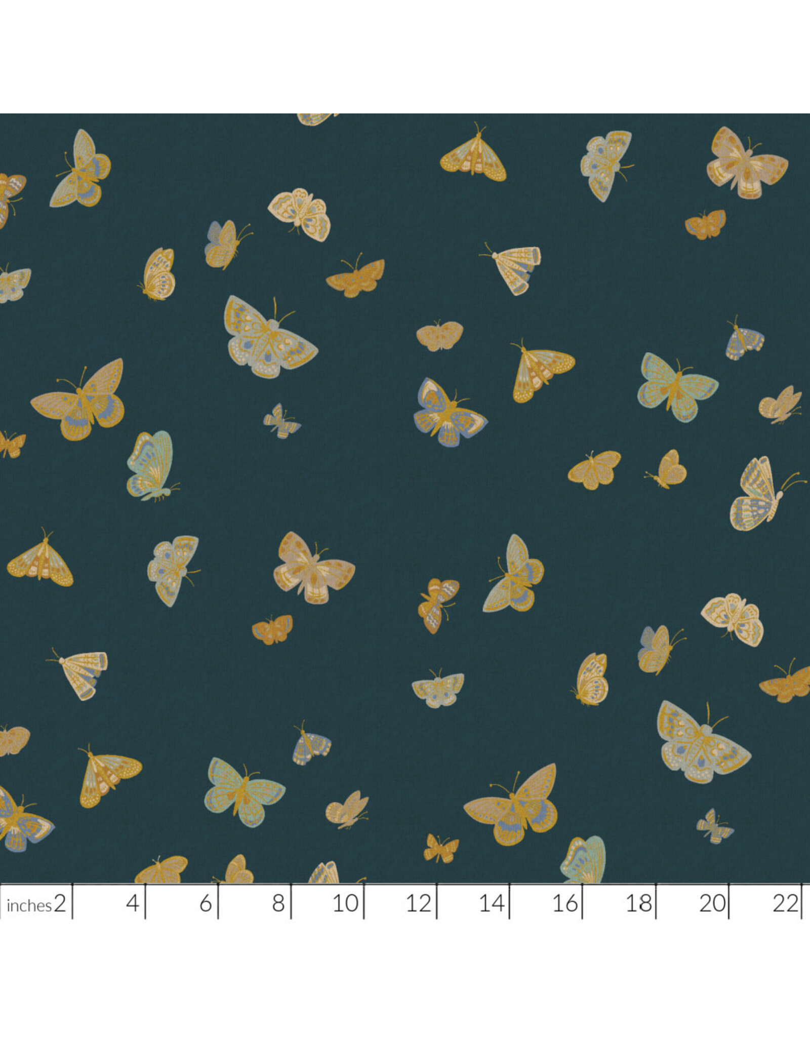 Rifle Paper Co. Linen/Cotton Canvas, English Rose, Butterfly House in Blue with Metallic, Fabric Half-Yards