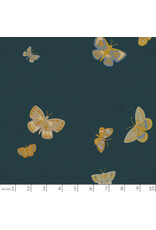 Rifle Paper Co. Linen/Cotton Canvas, English Rose, Butterfly House in Blue with Metallic, Fabric Half-Yards