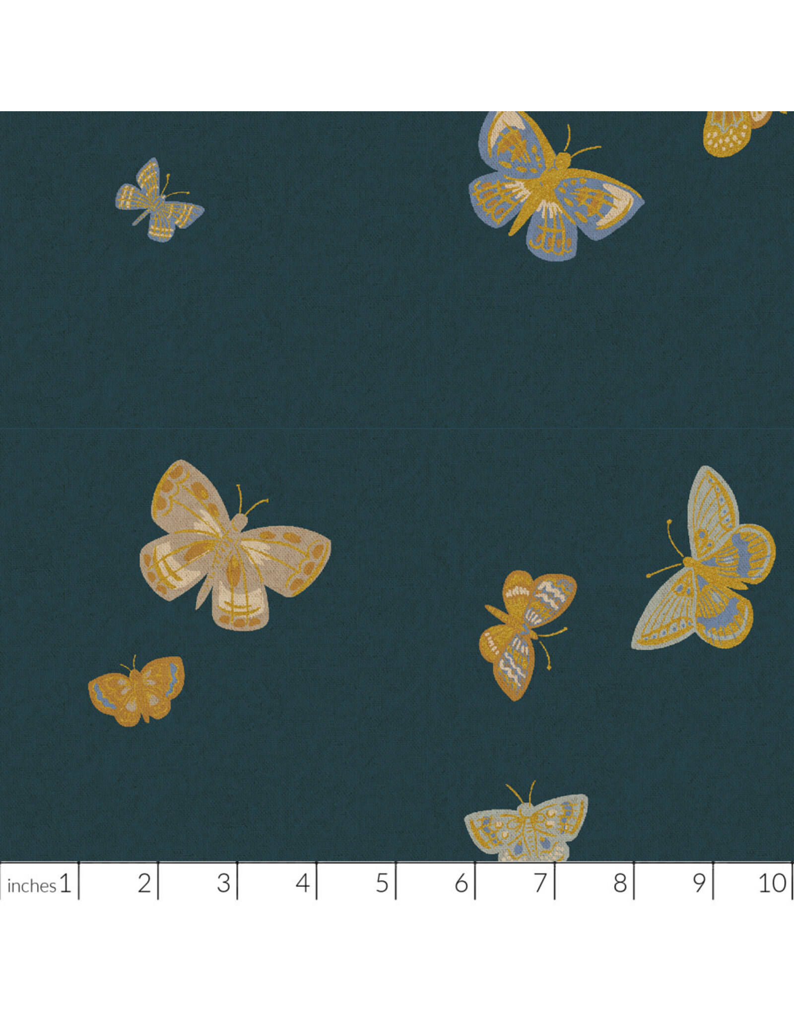 Rifle Paper Co. Linen/Cotton Canvas, English Rose, Butterfly House in Blue with Metallic, Fabric Half-Yards