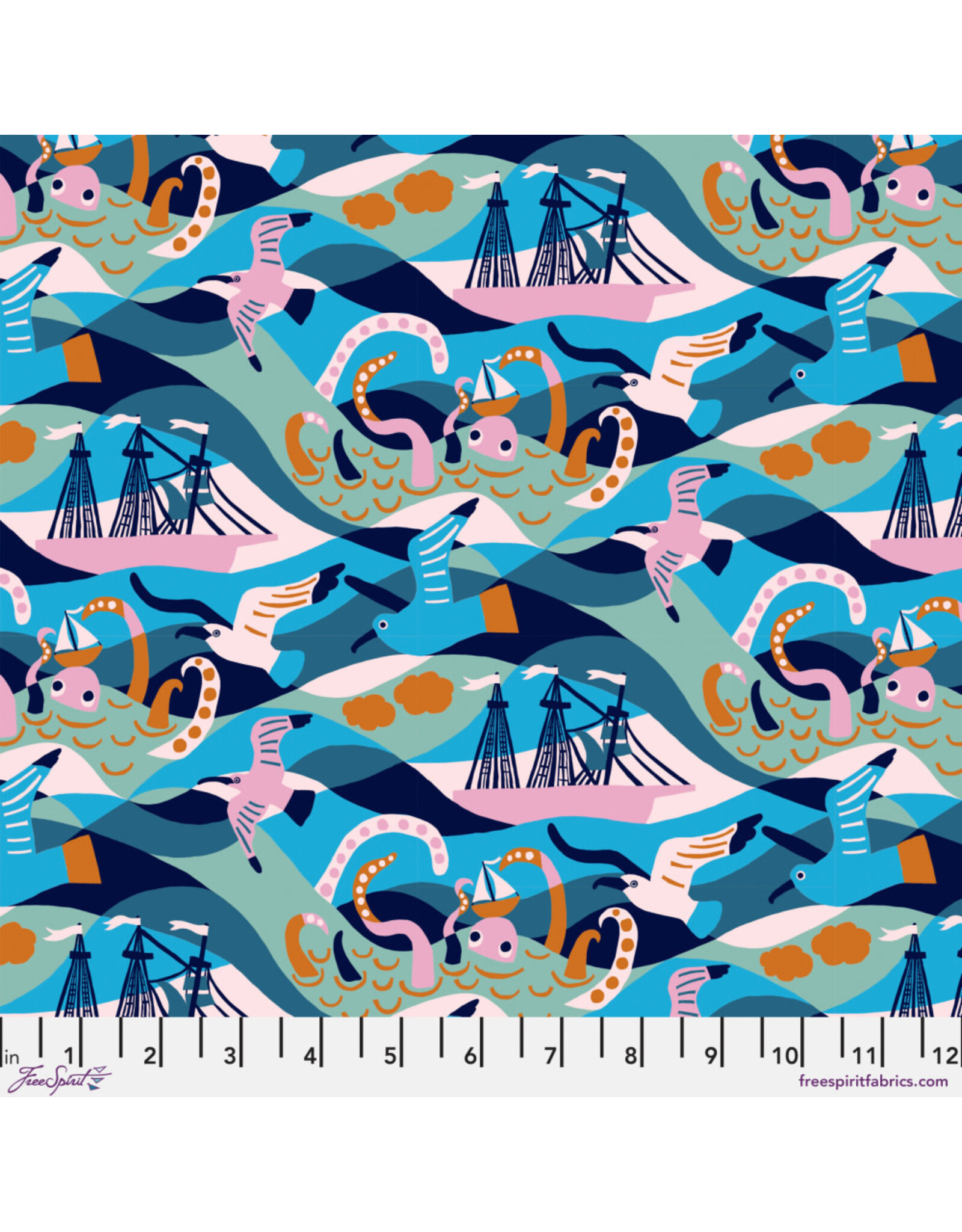 Monika Forsberg Rising Tide, Waves in Blue, Fabric Half-Yards