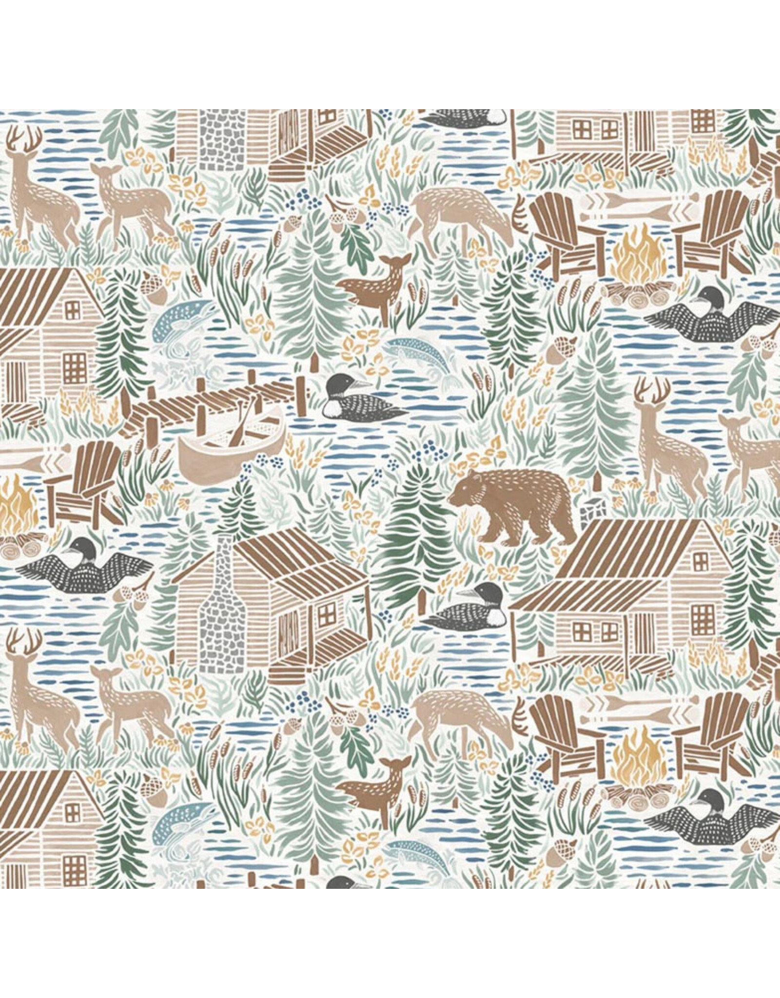 P & B Textiles Lakeside Days, Scenic Lake in Ecru,  Fabric Half-Yards