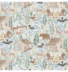 P & B Textiles Lakeside Days, Scenic Lake in Ecru,  Fabric Half-Yards