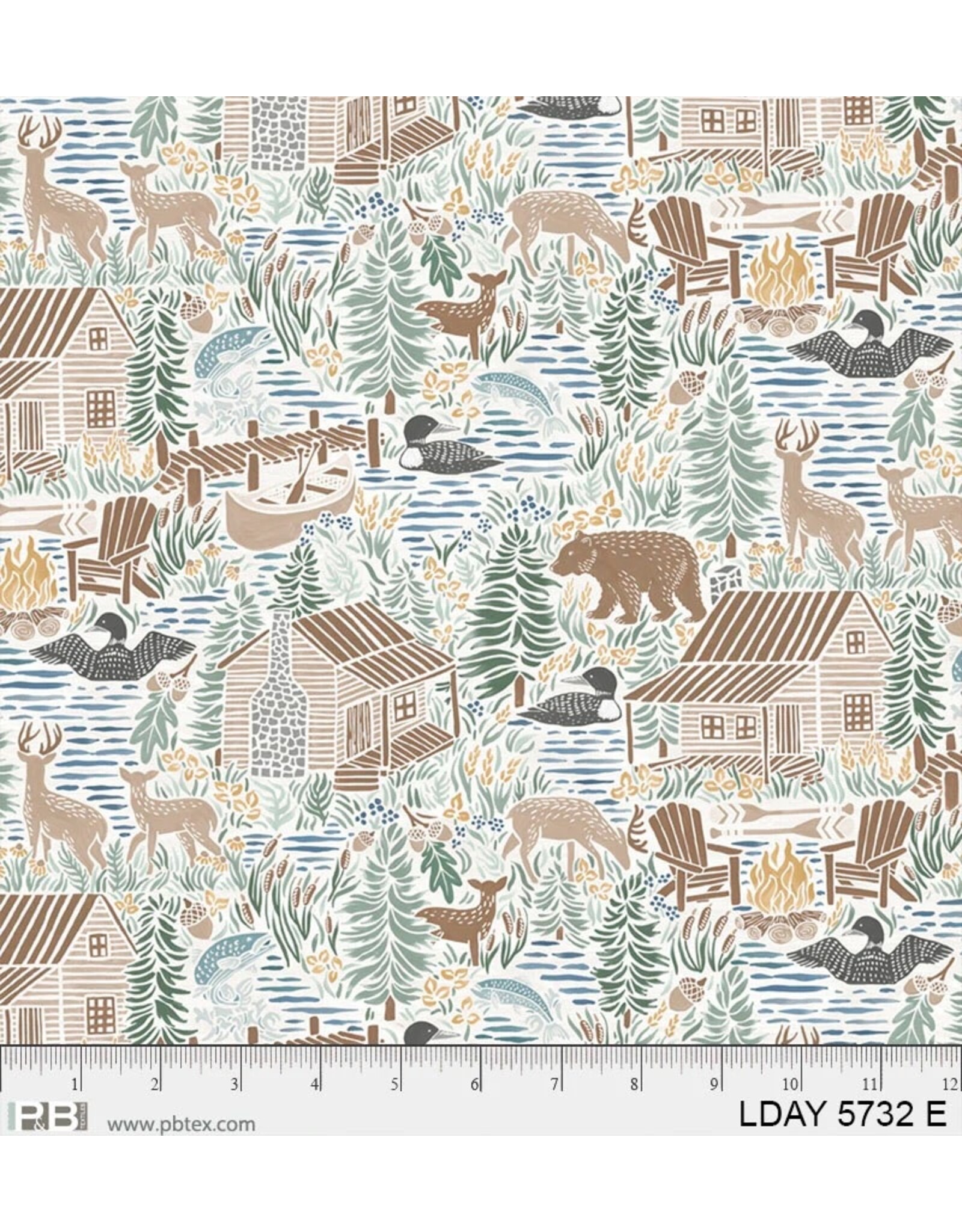 P & B Textiles Lakeside Days, Scenic Lake in Ecru,  Fabric Half-Yards