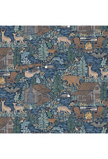 P & B Textiles Lakeside Days, Scenic Lake in Navy,  Fabric Half-Yards