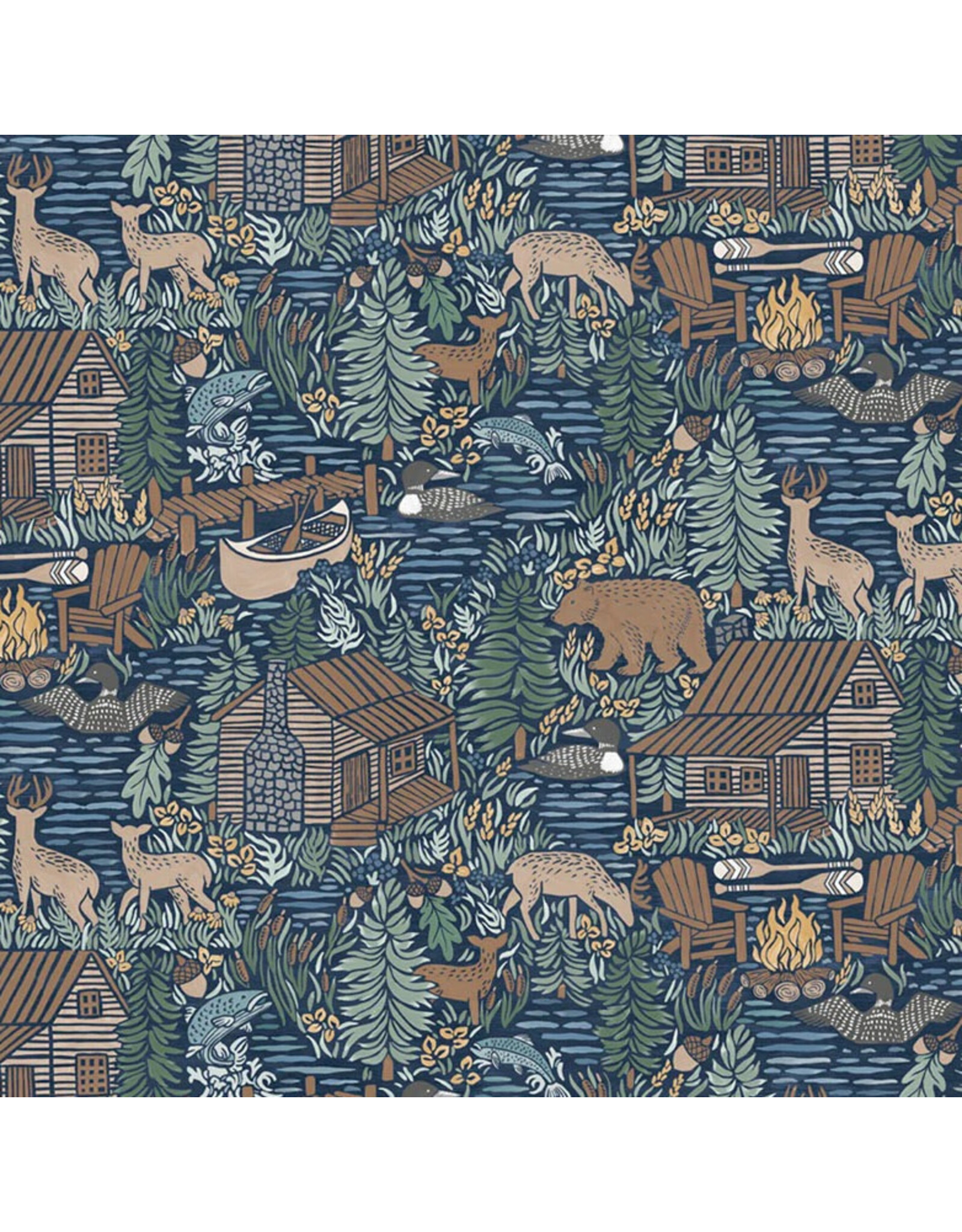 P & B Textiles Lakeside Days, Scenic Lake in Navy,  Fabric Half-Yards