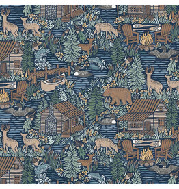 P & B Textiles Lakeside Days, Scenic Lake in Navy,  Fabric Half-Yards