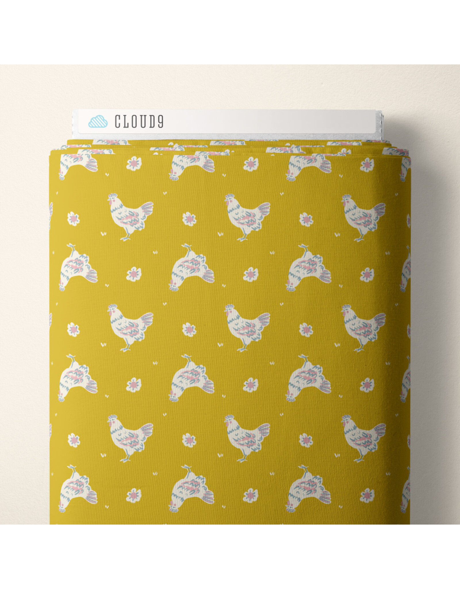 Cloud9 Fabrics Happy Homestead, Happy Hens in Gold, Fabric Half-Yards