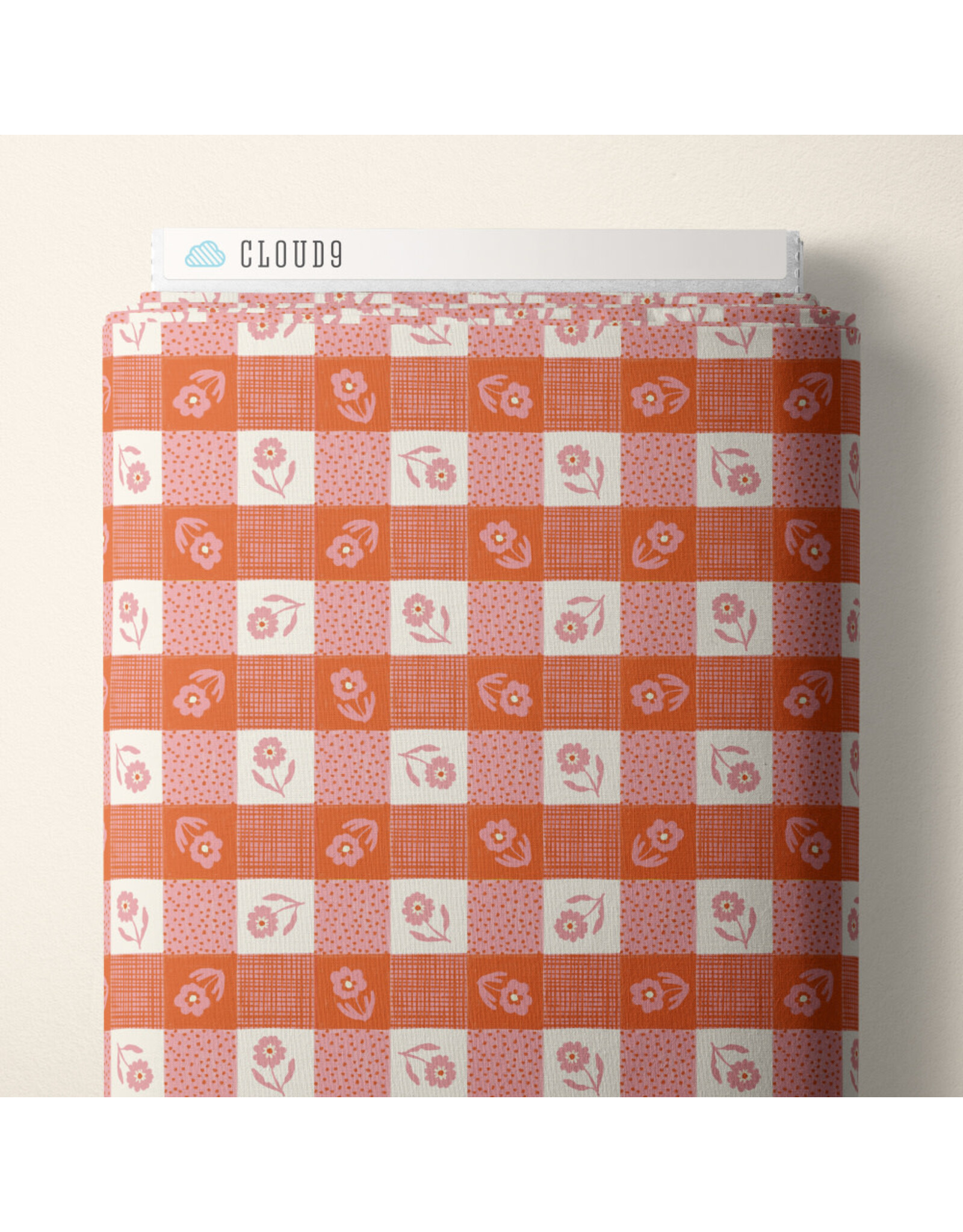 Cloud9 Fabrics Happy Homestead, Gingham in Pink Orange, Fabric Half-Yards