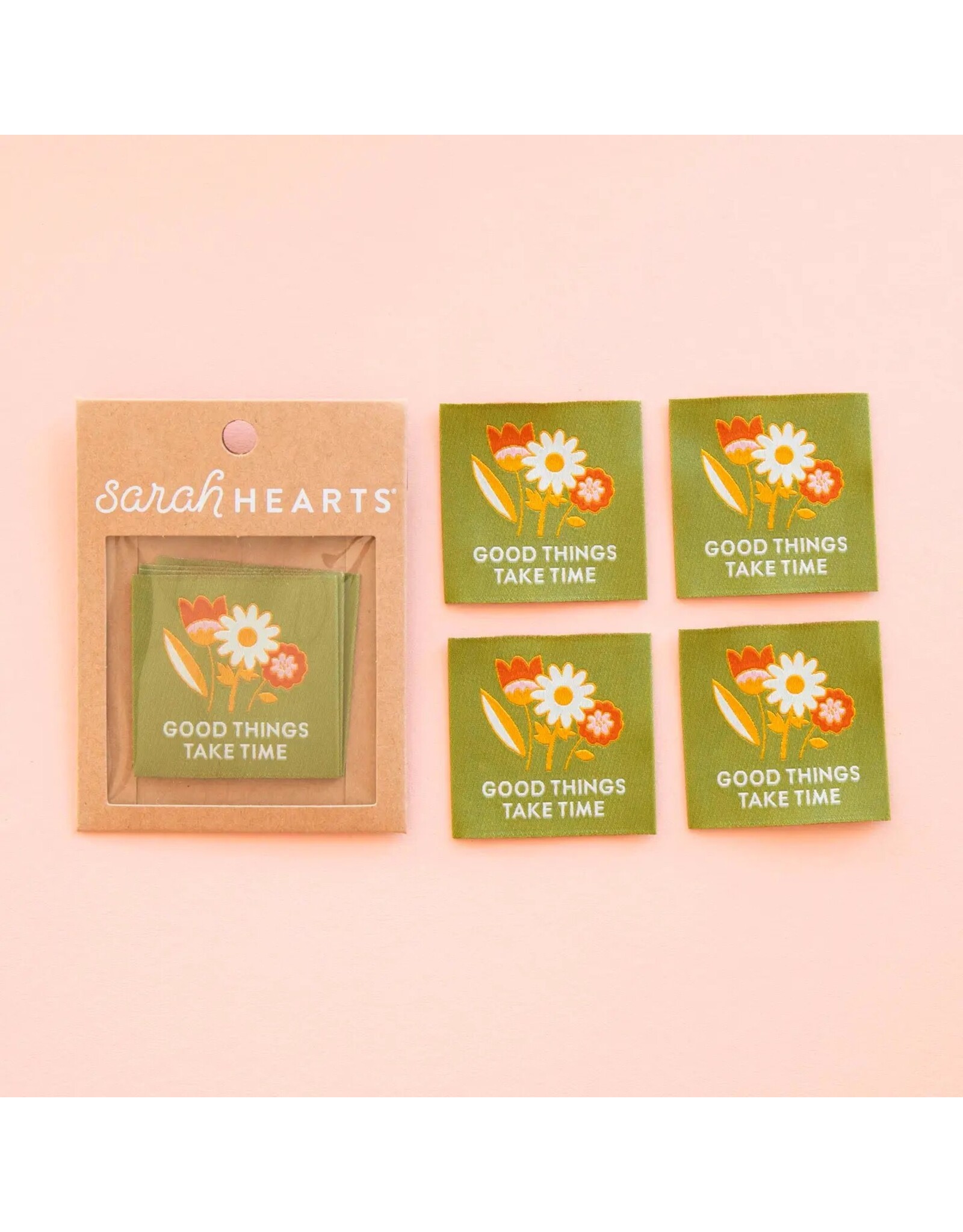 Sarah Hearts Good Things Take Time - Woven Label Tags, Set of 4