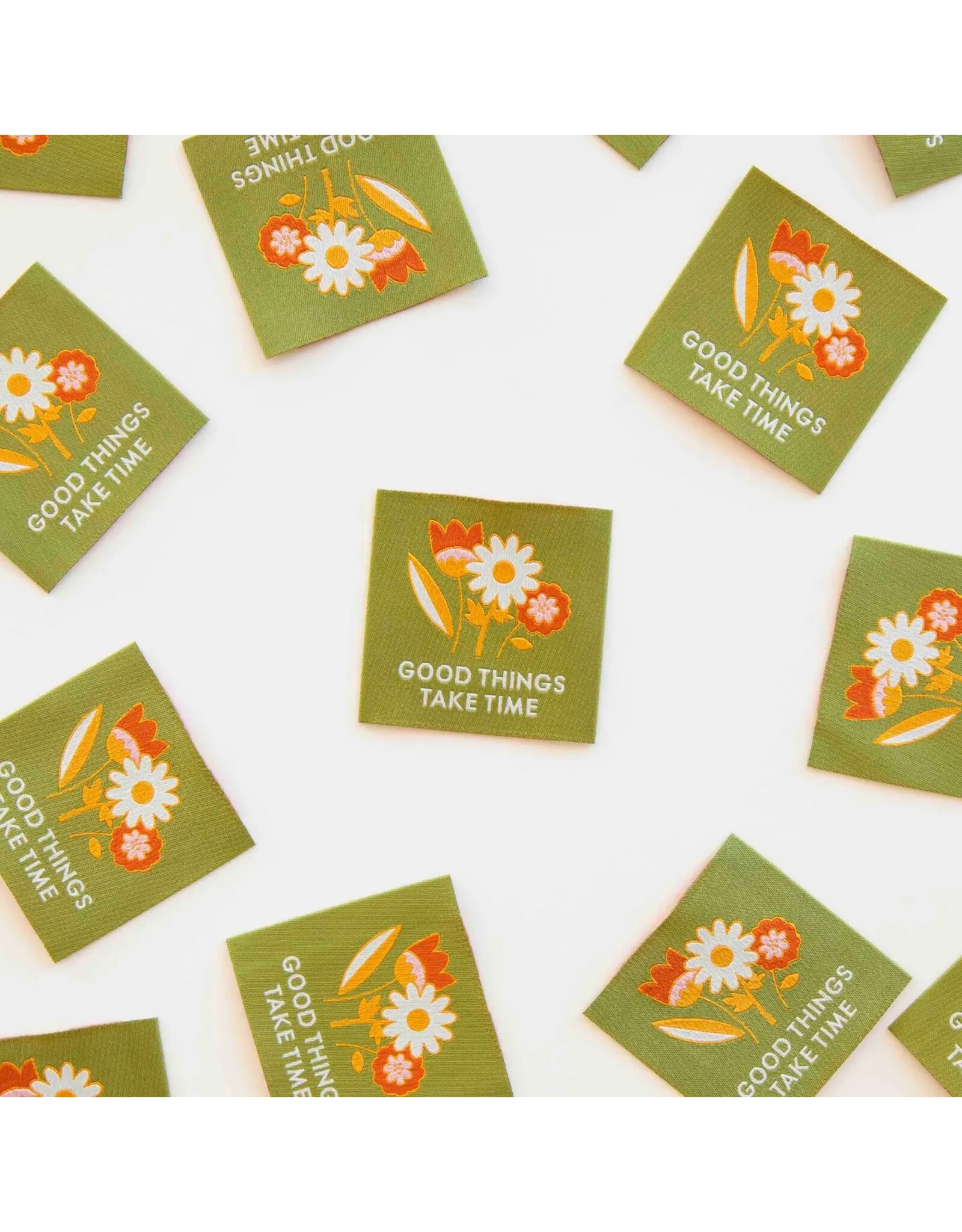Sarah Hearts Good Things Take Time - Woven Label Tags, Set of 4