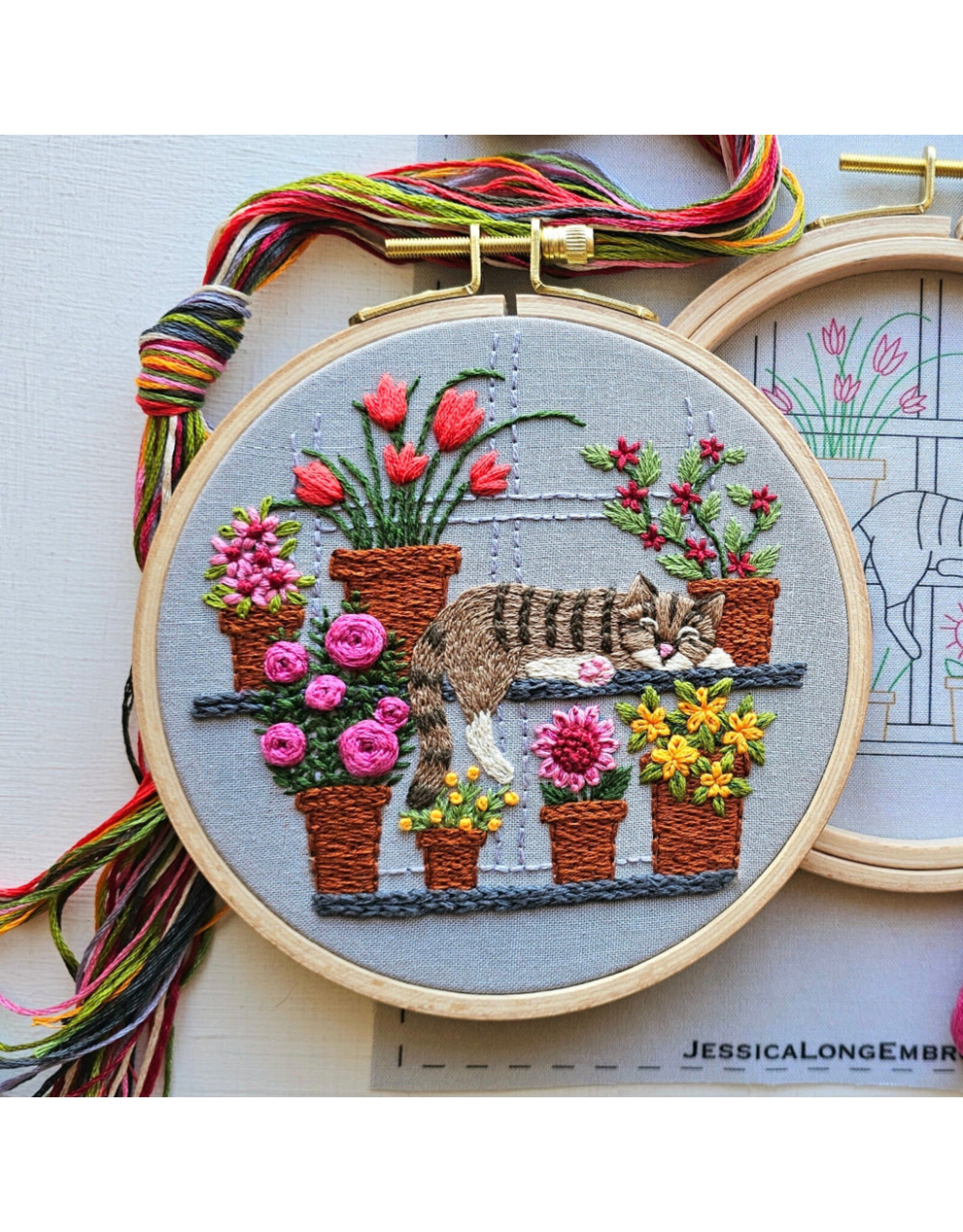 Jessica Long Embroidery Catnap with Flowers, Embroidery Kit