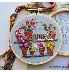 Jessica Long Embroidery Catnap with Flowers, Embroidery Kit