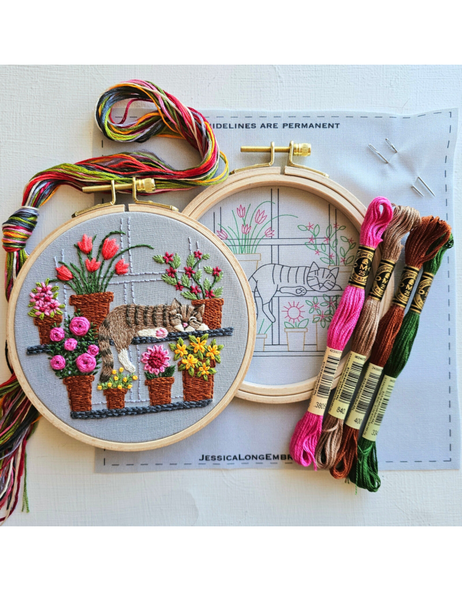 Jessica Long Embroidery Catnap with Flowers, Embroidery Kit