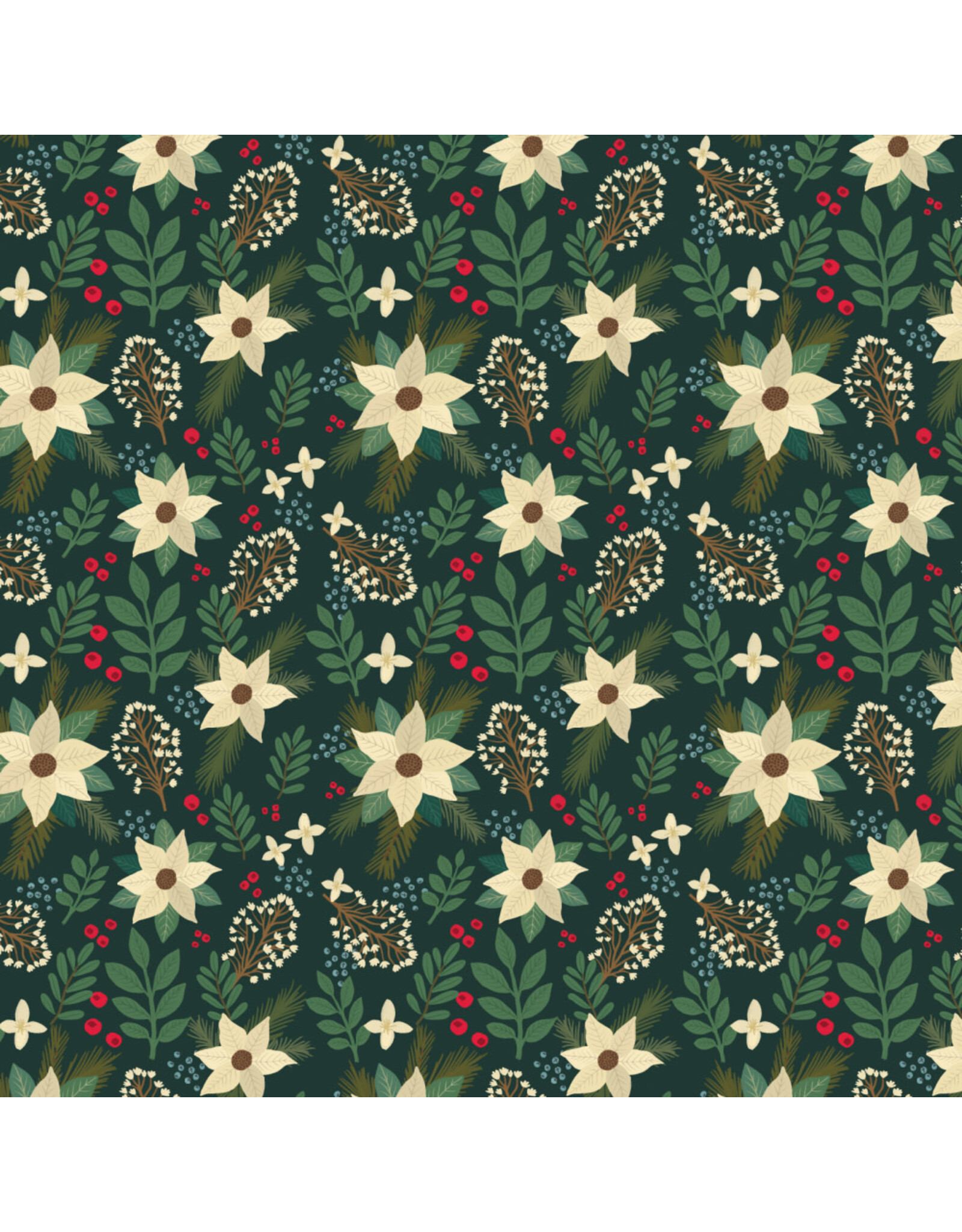 Mia Charro Christmas Cabin, Winter Floral in Green, Fabric Half-Yards