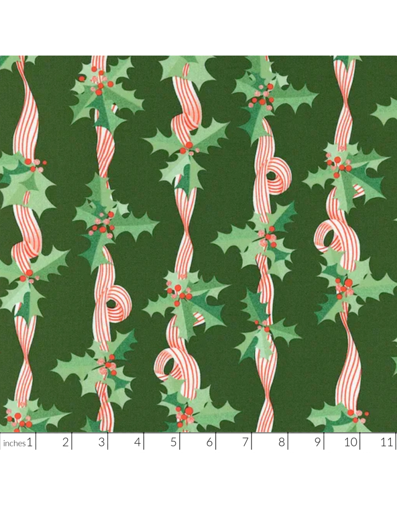 Lizzy House Tiny Christmas, Holly Stripes in Pine, Fabric Half-Yards