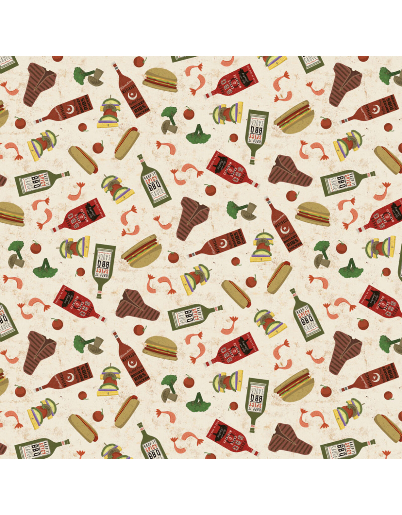 Clothworks Backyard BBQ, Food in Light Khaki, Fabric Half-Yards