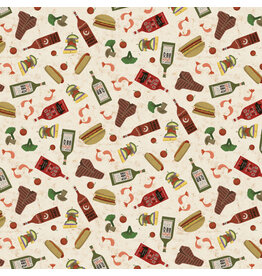 Clothworks Backyard BBQ, Food in Light Khaki, Fabric Half-Yards