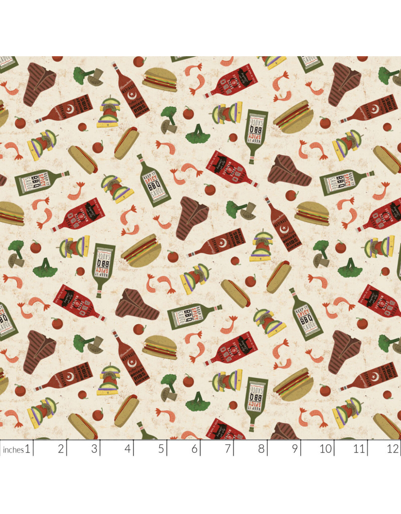 Clothworks Backyard BBQ, Food in Light Khaki, Fabric Half-Yards