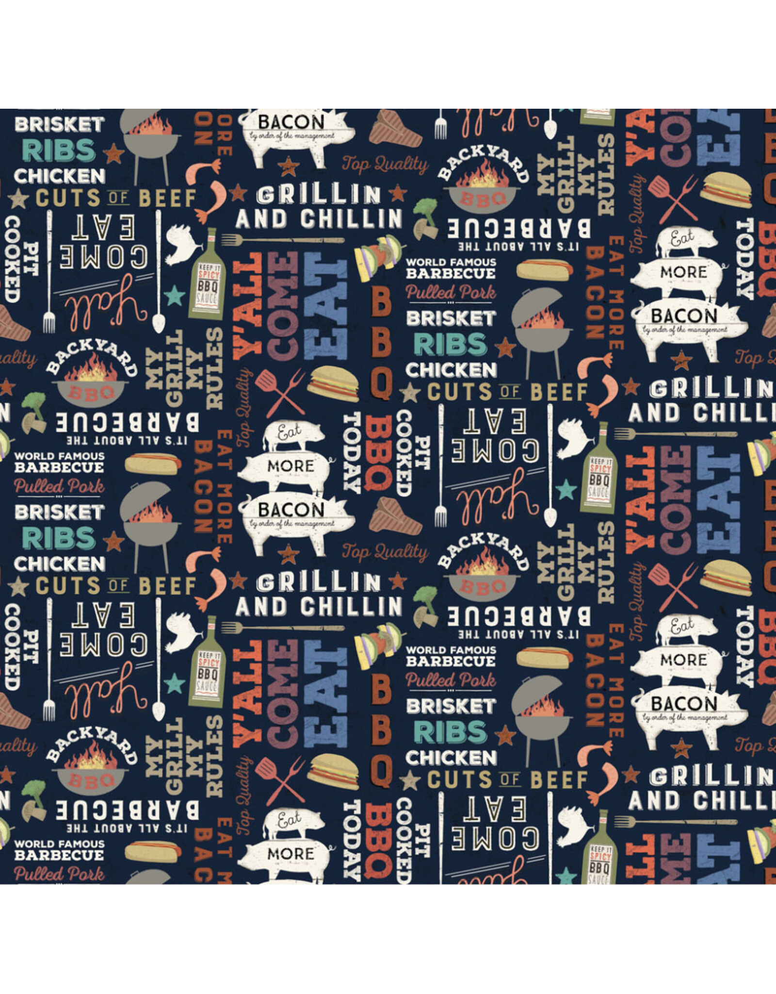 Clothworks Backyard BBQ, Words in Black, Fabric Half-Yards