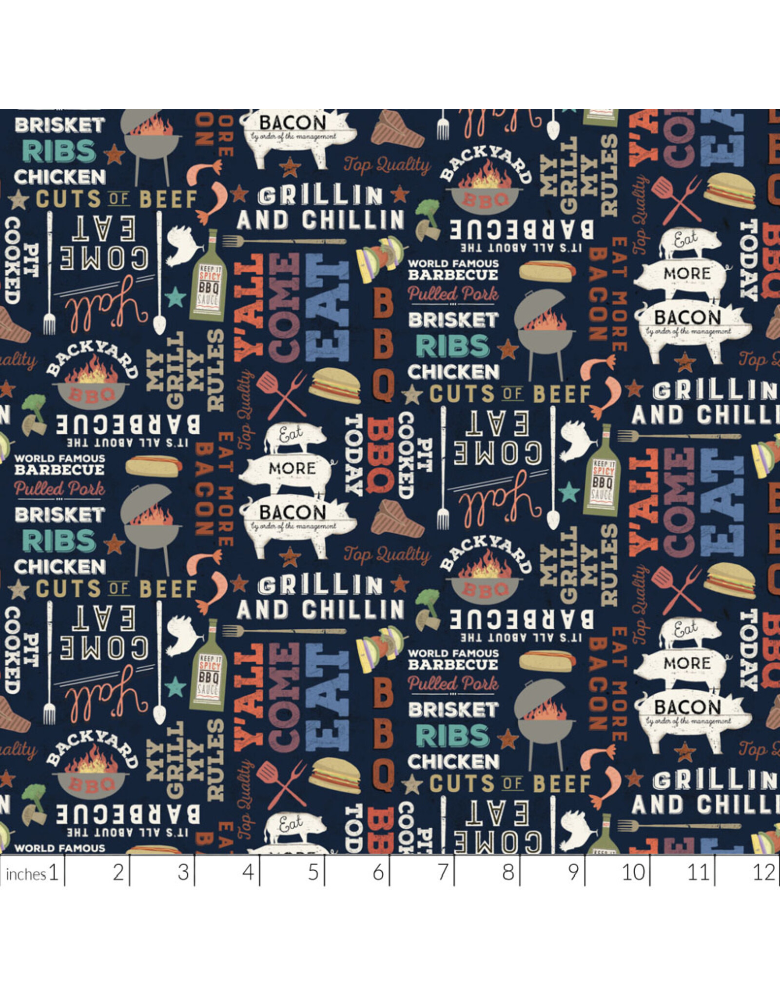Clothworks Backyard BBQ, Words in Black, Fabric Half-Yards