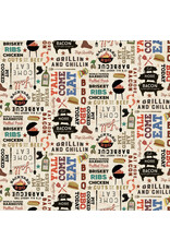 Clothworks Backyard BBQ, Words in Light Khaki, Fabric Half-Yards