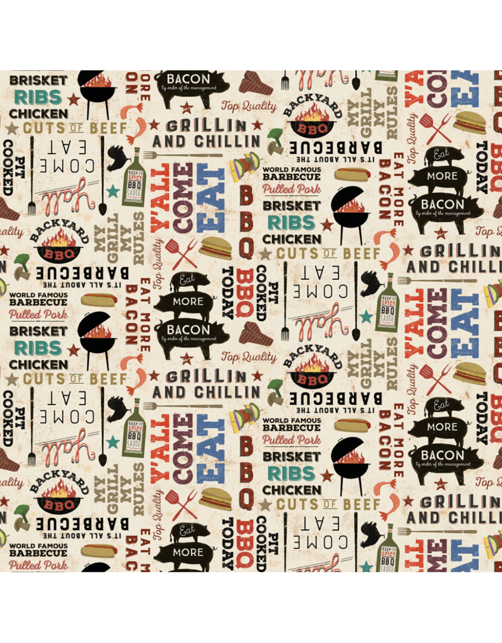 Clothworks Backyard BBQ, Words in Light Khaki, Fabric Half-Yards