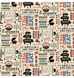 Clothworks Backyard BBQ, Words in Light Khaki, Fabric Half-Yards
