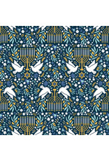 Clothworks Hanukkah Menorahs in Navy Blue, Fabric Half-Yards