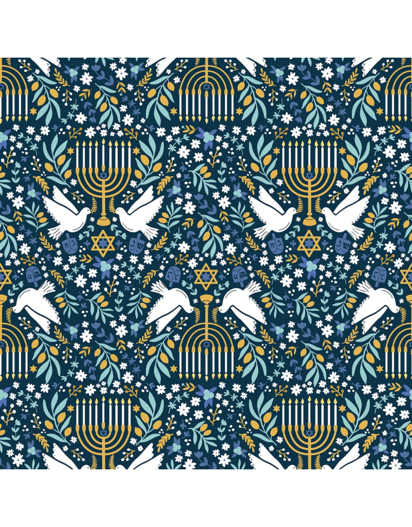 Clothworks Hanukkah Menorahs in Navy Blue, Fabric Half-Yards